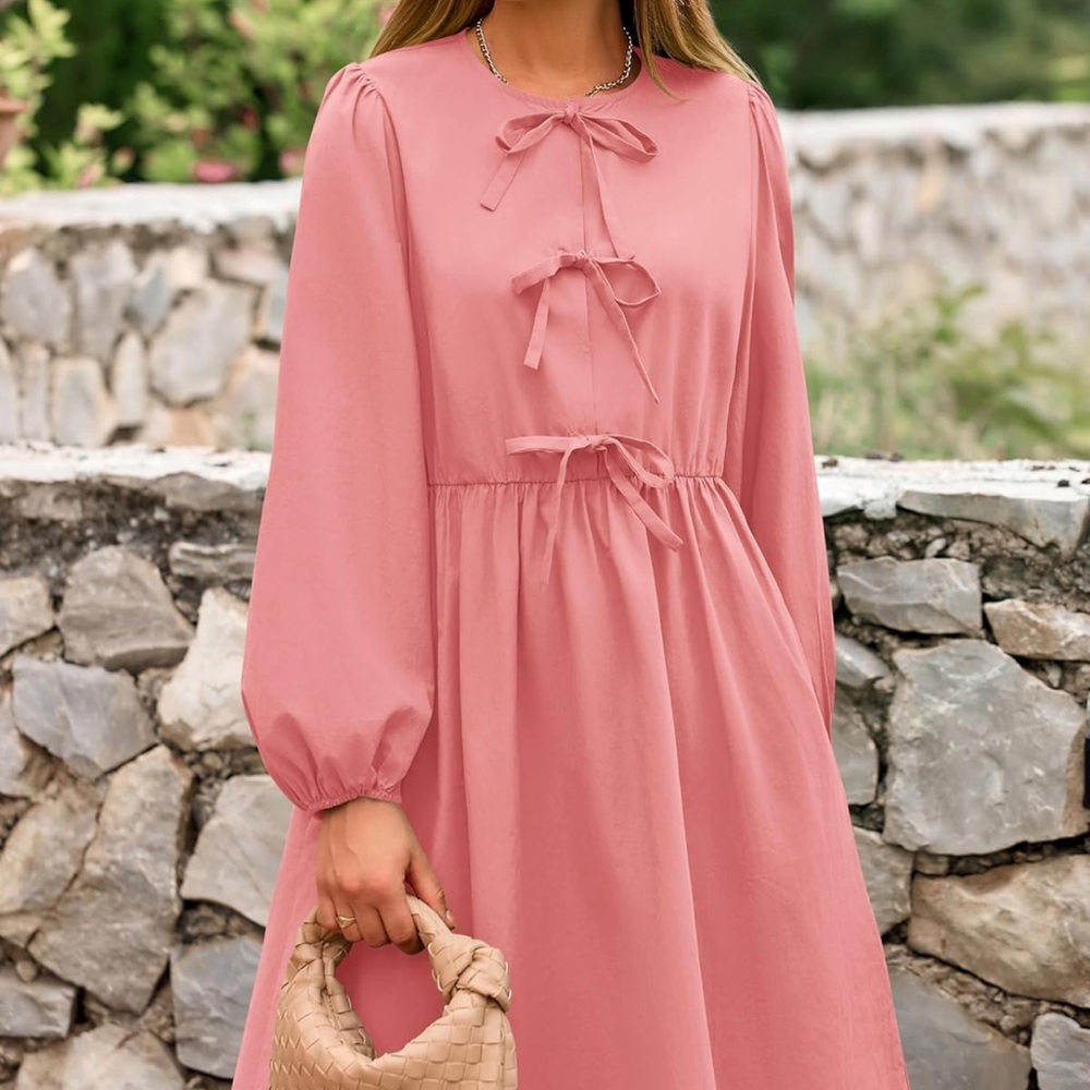 Pink Cotton bow front long sleeve mini dress,puff sleeve, spring, preppy - Picture 6 of 7